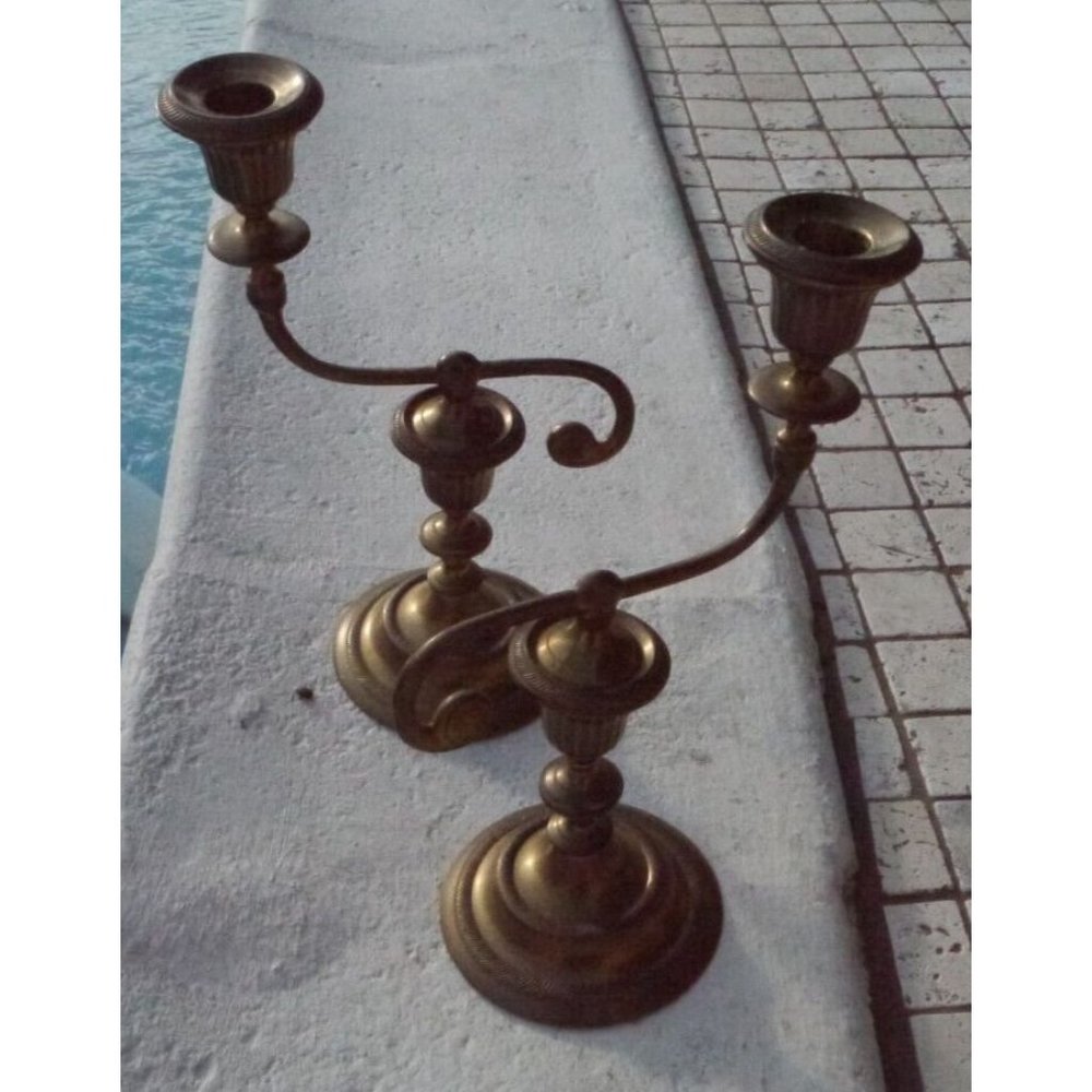 Pair Vintage Brass Ornate Asymmetric Swivel Candlestick Holder 10.5" Rope Detail